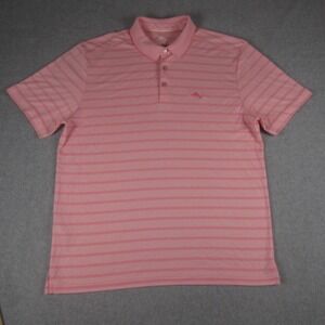 Tommy Bahama Polo Shirt Mens Large Pink Striped Short Sleeve Cotton Golf Casual